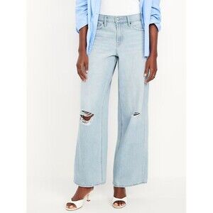 Old Navy Ripped Baggy Wide-Leg Jeans Women 2 Tall Blue Light Wash Distressed NEW